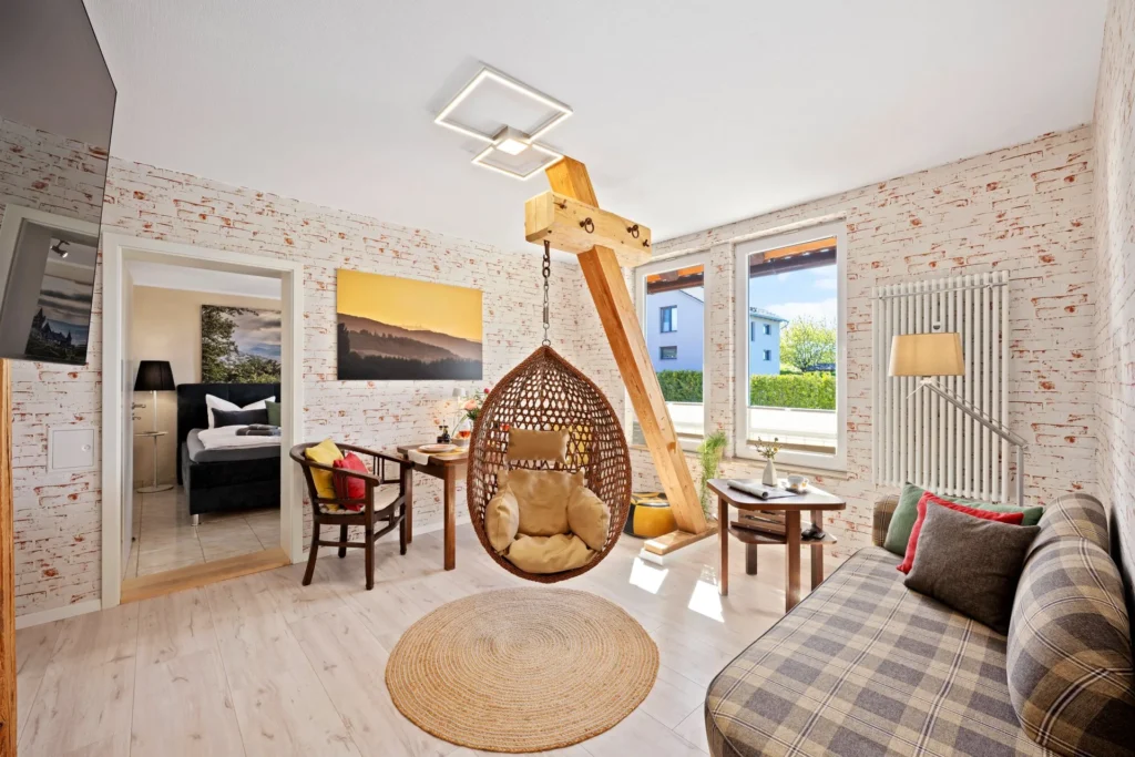 Living area with hanging chair