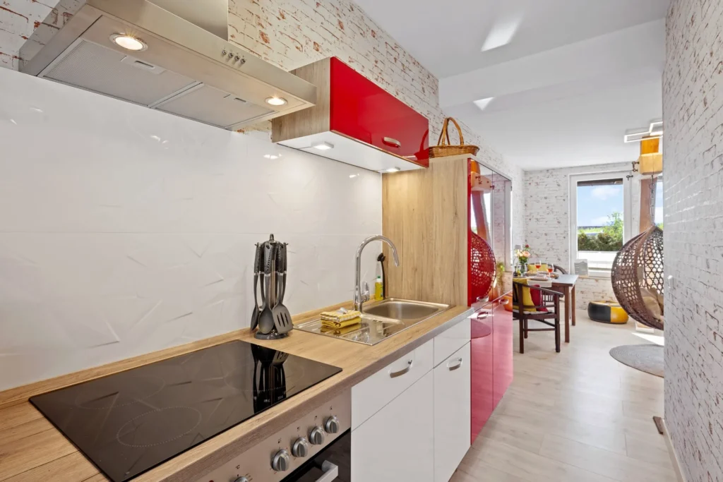 Kitchen with a view to the living area