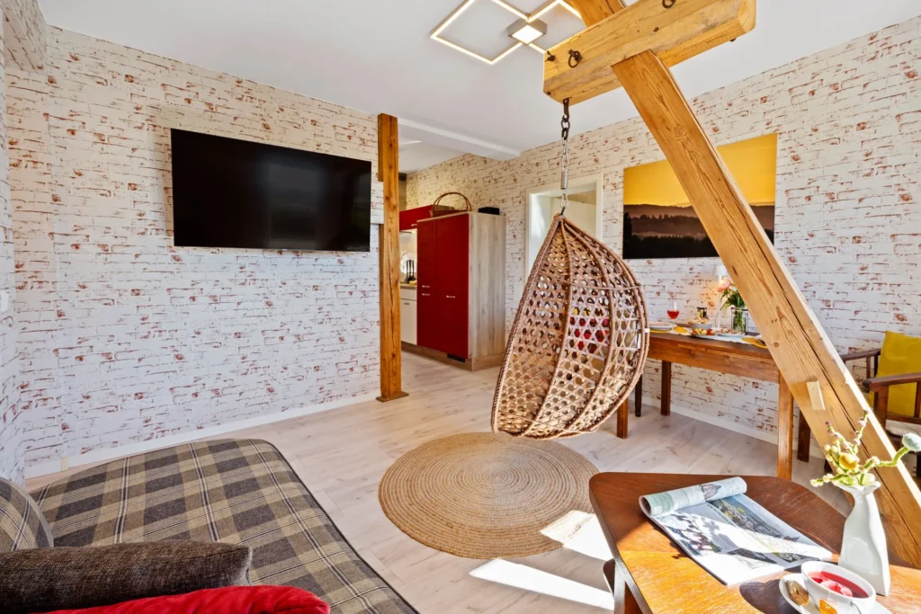 Living area with TV and view to the kitchen