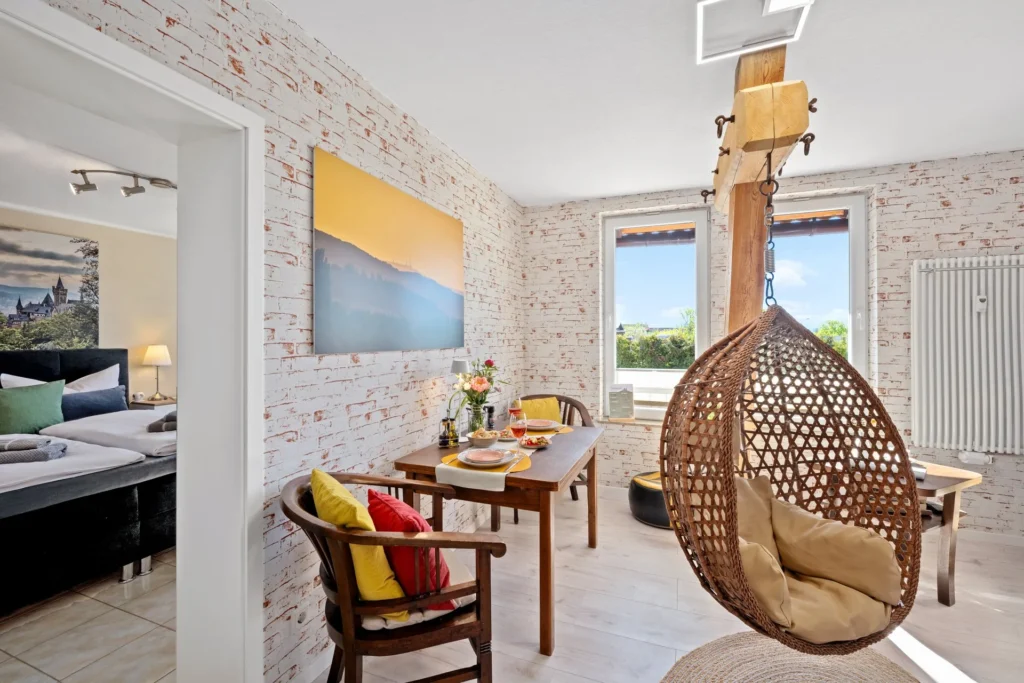 Living area with a view into Bedroom 2